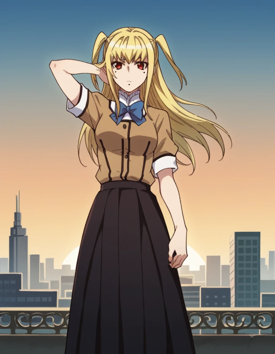 score_9, score_8_up, score_7_up, source_anime, <lora:shizu-shidou-s2-ponyxl-lora-nochekaiser:1>, shizu shidou, long hair, blonde hair, red eyes, male focus, mole, two side up, mole under eye, otoko no ko, medium breasts,, school uniform, shirt, brown shirt, skirt, long skirt, black skirt, blue bowtie,, rooftop, sunset, cityscape, quiet moment, wind blowing, contemplative, , hand behind head, , looking at viewer, solo,, dutch angle, cowboy shot