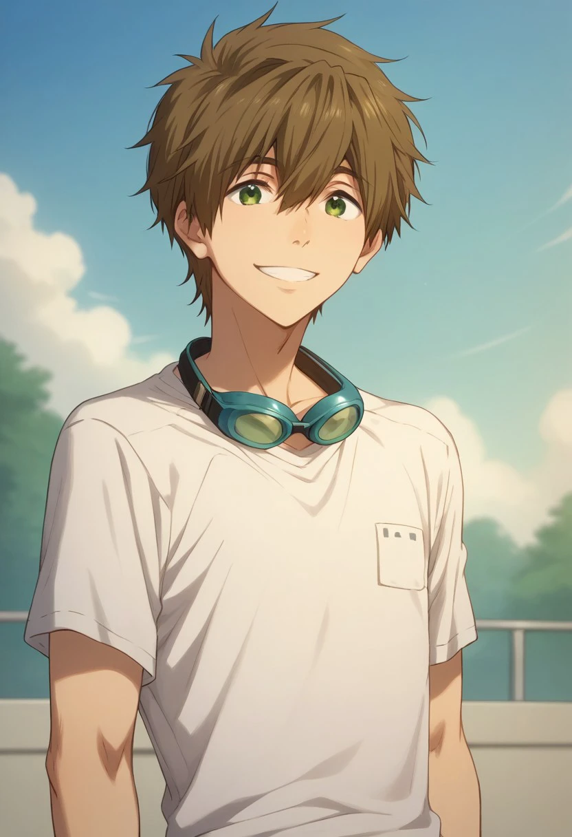 score_9, score_8_up, score_7_up, source_anime, highly detailed, 

makoto,1boy, male focus, solo, brown hair, hair between eyes, green eyes, shirt, t-shirt, white shirt, short sleeves, goggles, goggles around neck, smile,
slender, skinny,
outdoor, sky,