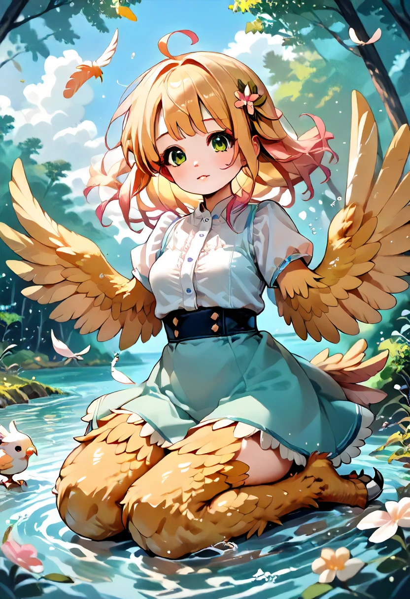 score_9,score_8_up,score_7_up,score_6_up, source_anime,2D, spring,sakura trees,sitting,winged arms,harpy,river,forest,sky,cloud,green eyes,golden hair,pastel feathers,water splash,wind,<lora:Expressive_H:0.6> <lora:SkindentationSlider:2>  <lora:winged_arms_style:0.9>