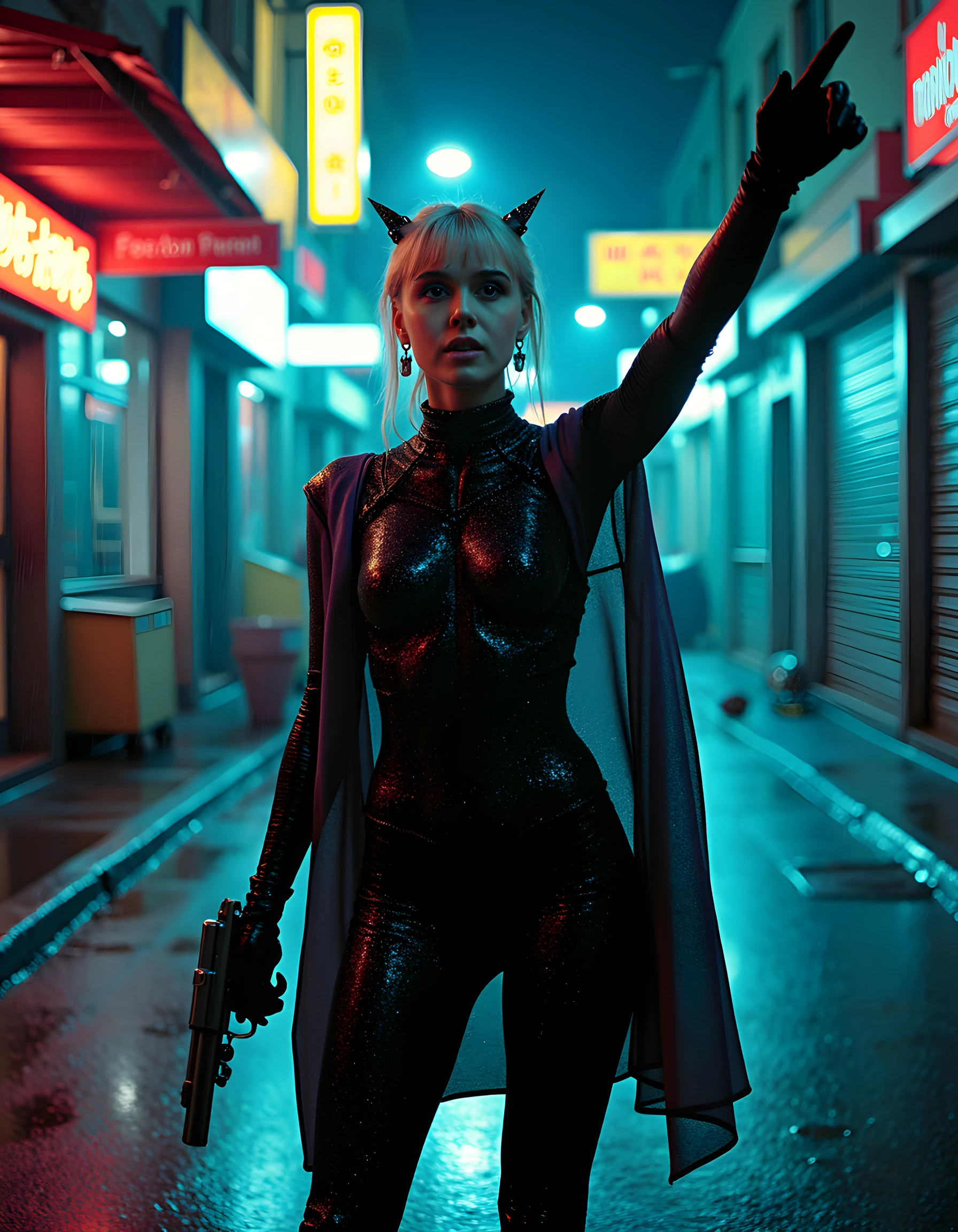 In a gritty, neo-noir setting, a mysterious woman named CHR15T1N3B stands in the dimly lit, rain-slicked alleyway of a futuristic cyberpunk metropolis. Dressed in a sleek, high-tech ensemble that gleams under the flickering neon lights, she wears a form-fitting catsuit with intricate holographic patterns and a cape made of iridescent, shimmering fabric. Her hair is styled into sharp spikes, contrasting against her pale, ghostly skin. She clutches a cybernetic gun in one hand, while the other points towards the sky as if sensing an impending storm. The camera angle is low and dramatic, looking up at her from the wet pavement, capturing her defiant expression that exudes both power and vulnerability, creating a tense, emotional tone that hints at secrets hidden beneath the surface.