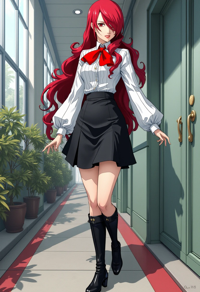 A detailed solo portrait of mitsuru kirijo
Anime style, sharp, high contrast and highly detailed.,
<lora:persona_3_mitsuru_kirijo_flux_v1_2-000013:1>,,
She is wearing a stylish and elegant school uniform with a distinctive red theme. She wears a fitted, long-sleeved white blouse that has puffed sleeves, giving it a formal yet refined appearance. Around her neck, there is a large, bold red bow, which adds a splash of color to her outfit. The blouse is neatly tucked into a black high-waisted skirt that reaches just above her knees and features subtle pleats. She completes the look with knee-high black boots with a slight heel, which add a touch of sophistication and authority to the overall outfit. The combination of the bold red accents and formal attire reflects her leadership and strong personality.
Full body.