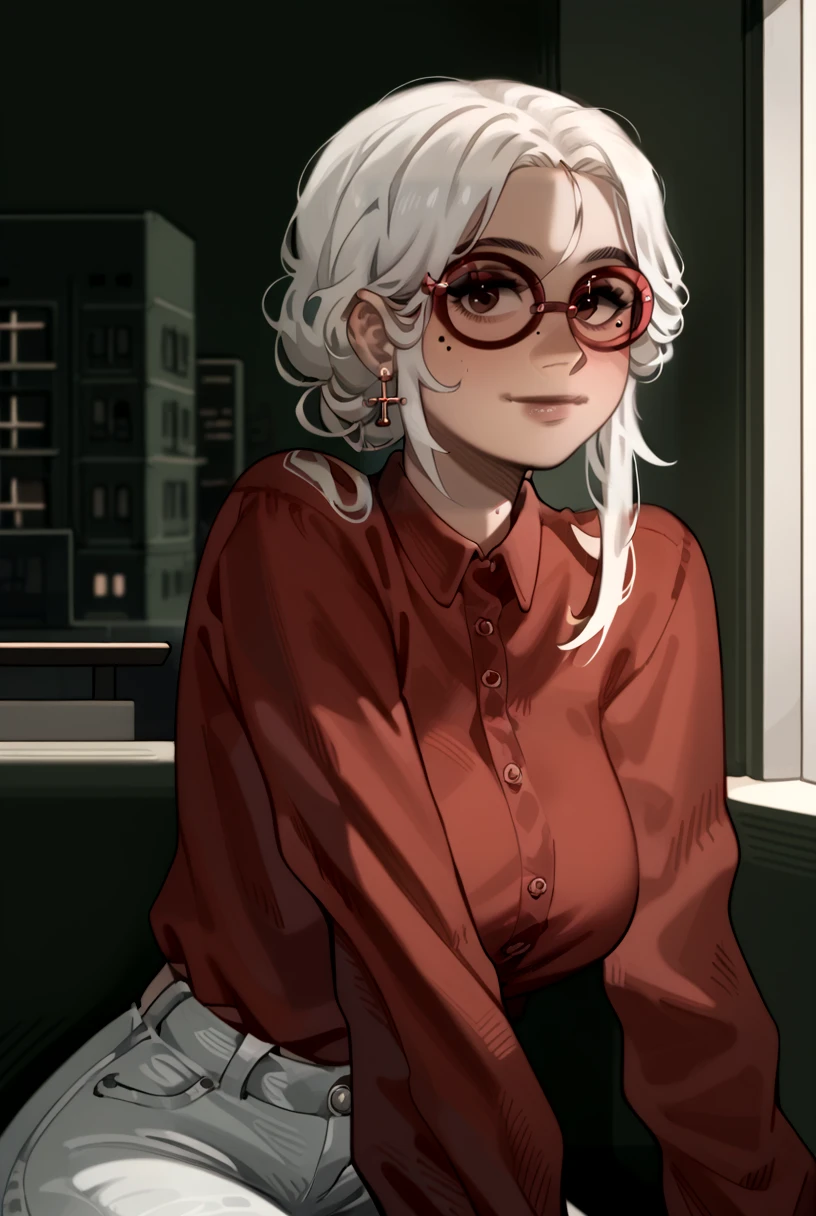 score_9, score_8_up, score_7, aesthetic, expressive, source_cartoon, BREAK, female focus, cowboy shot,
1girl, medium white hair, single hair bun, messy hair, thin rimmed squared glasses, makeup, beauty mark, loose dress long sleeve red shirt, high waist white jeans, rings, jewerly, earings, crosses, looking at viewer, smile, leaning over, hanging breasts, 
indoors, british libary, circle window, light shafts, warm lighting, depth of field,
muted color, rich color, vibrant,  