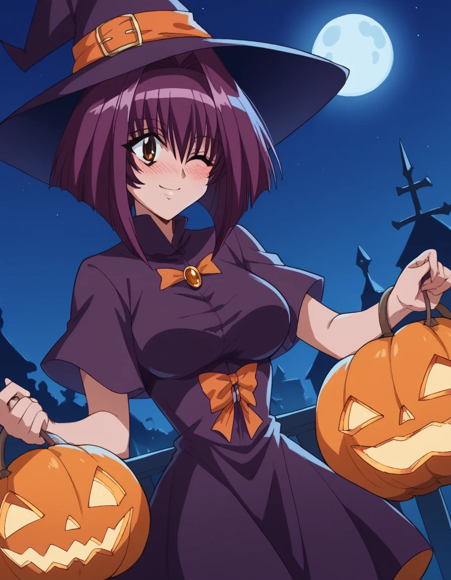 score_9, score_8_up, score_7_up, source_anime, <lora:karin-maaka-s1-ponyxl-lora-nochekaiser:1>, karin maaka, short hair, brown eyes, purple hair, hair intakes, bangs, large breasts,, <lora:witch-ponyxl-lora-nochekaiser:1>, witch, hat, witch hat, dress, halloween, halloween costume, jewelry,, night, moon, blush, smile, one eye closed,, , dutch angle, cowboy shot