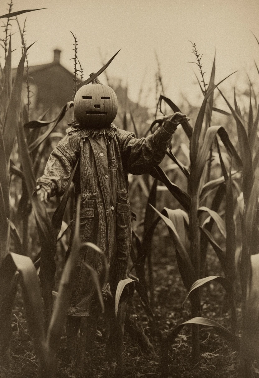 VintageHalloween. An outdoor shot taken at dusk, featuring a scarecrow figure posed awkwardly among corn stalks. The scarecrow wears a tattered coat and a pumpkin head with a crude, carved face. The image has grainy quality, and the fading light adds a haunting effect. <lora:VintageHalloween-step00001600:0.8>,