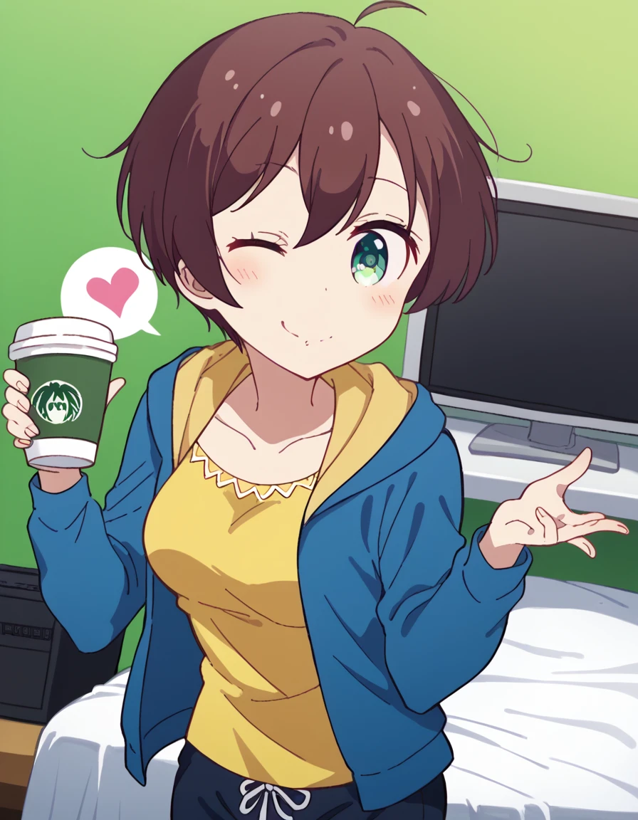 score_9, score_8_up, score_7_up, source_anime, <lora:hajime-shinoda-s2-ponyxl-lora-nochekaiser:1>, hajime shinoda, short hair, bangs, brown hair, green eyes, ahoge, medium breasts,, shirt, long sleeves, collarbone, jacket, open clothes, pants, hood, open jacket, hoodie, hood down, blue jacket, yellow shirt,, home office, working from home, computer screen, coffee cup, focus, deadline, smile, <lora:blowing-kiss-ponyxl-lora-nochekaiser:1>, blowing kiss, pucked lips, heart, one eye closed, o3o, hand up, bed room, bed, blush, cowboy shot, dutch angle,, looking at viewer, solo,, dutch angle, cowboy shot