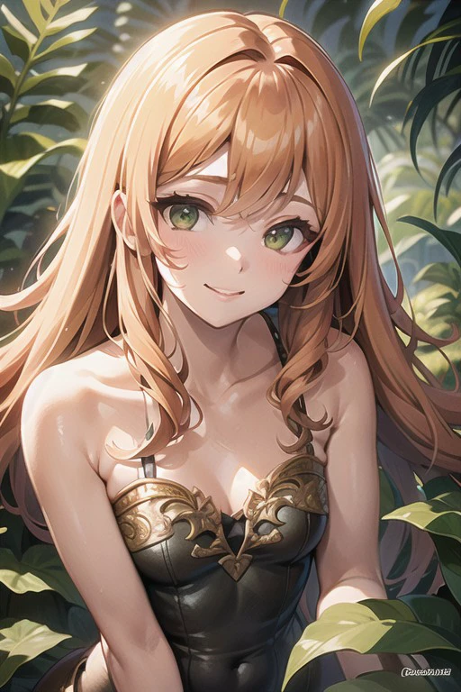 intricate details, finely detailed, <lora:Add Detail:0.4>, (masterpiece), best quality, high resolution, highly detailed, detailed background, thin, small size, green eyes, large breasts, jungle, vine, moss, brown gloves, brown boots, explorer outfit with intricate details, determined, upper body, close up, smile