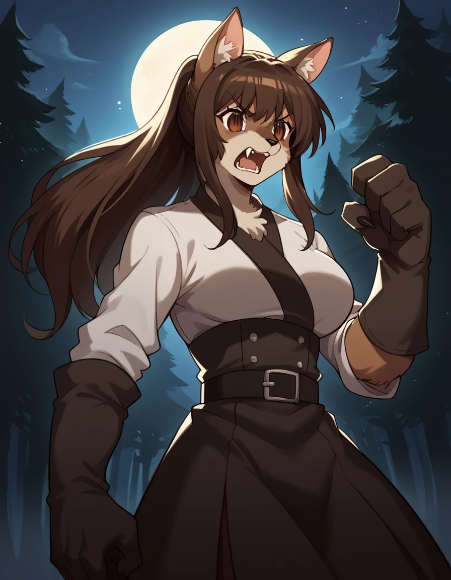 score_9, score_8_up, score_7_up, source_anime, <lora:yuzuru-inamori-s2-ponyxl-lora-nochekaiser:1>, yuzuru inamori, long hair, brown hair, brown eyes, ponytail, large breasts,, <lora:werewolf-ponyxl-lora-nochekaiser:1>, werewolf, furry, fangs, animal ears, gloves, angry, teeth, animal ear fluff,, forest, night, moon, open mouth, , dutch angle, cowboy shot