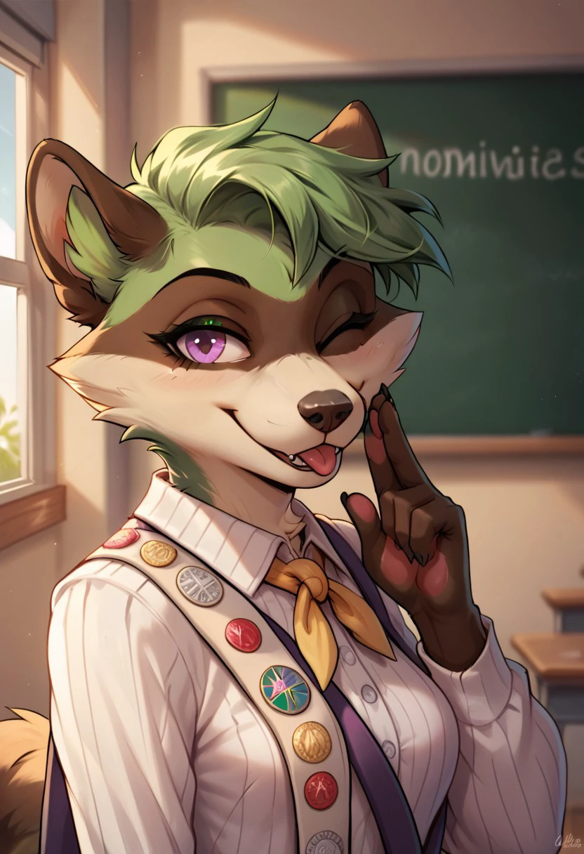 score_9, score_8_up, score_7_up, score_6_up, score_5_up, score_4_up, maypullovers, 1girl, solo, furry, anthro, raccoon, green fur, wink, salute, smile, tongue out, looking at viewer, sash, upper body, classroom, indoors, badges, yellow ascot