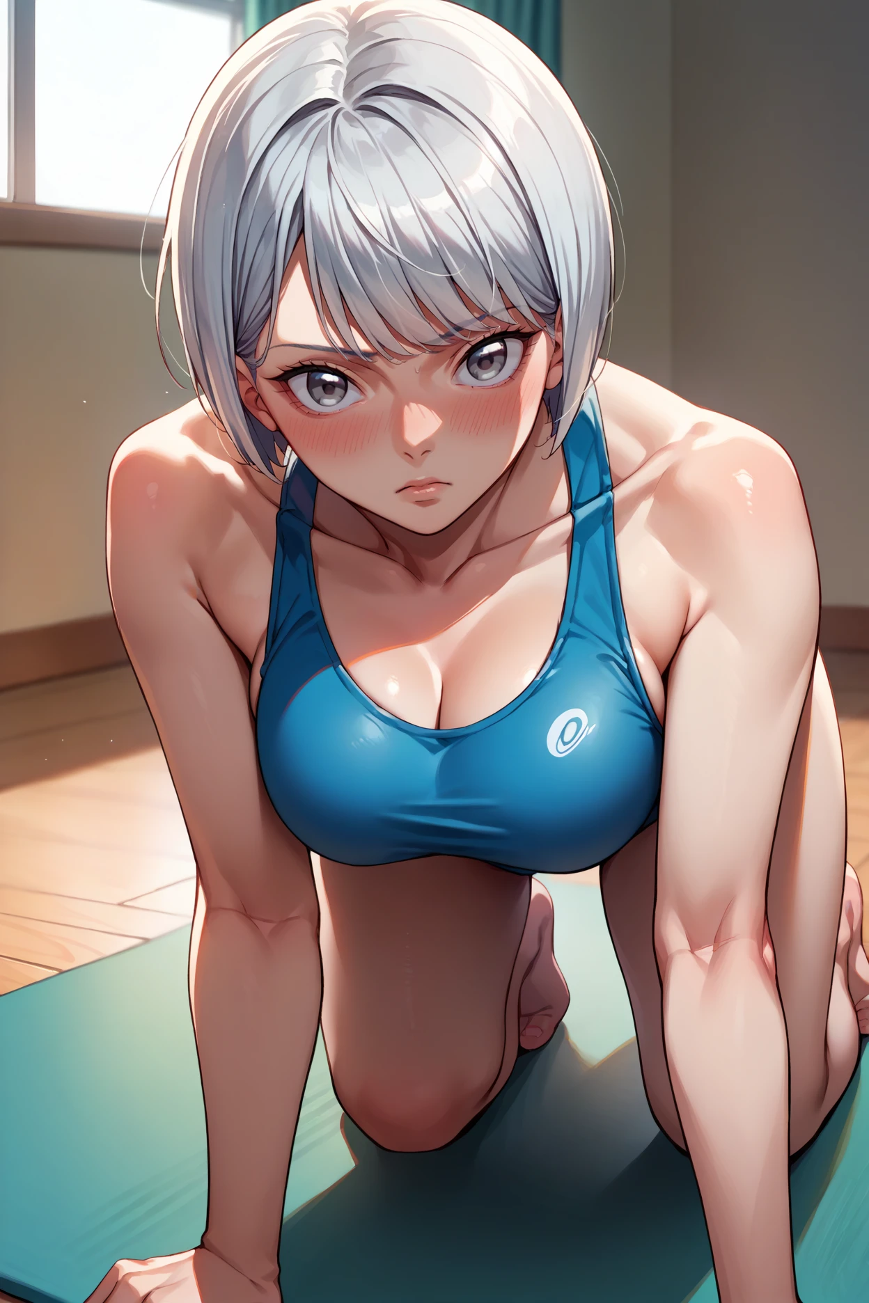 1 girl gray hair　Large Breasts　　blush　Embarrassed　Love Live Watanabe You School Gym Clothes　Lower body bulge Lower body naked　Erection Swelling　Large uncircumcision　　Large testicles　penis juice　Spread legs whole body