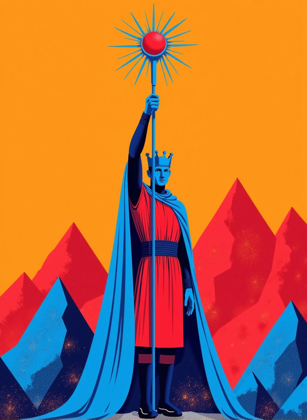 r0ygb1v style, This is a stylized illustration of a regal figure wearing a crown and flowing cape, rendered in a striking color palette of light and deep blues, vibrant reds, and set against a warm orange sky. The figure stands tall and proud, holding aloft a metallic staff topped with a luminous red orb surrounded by radiating blue rays. The character's attire consists of a red tunic with dark blue accents, wrapped in a dramatic cape that features a cosmic, starry pattern on its inner lining. The landscape beneath the figure is composed of geometric, angular mountains in shades of blue and red, with a dusting of snow or starlight creating a sparkly, magical atmosphere. The overall aesthetic combines elements of fantasy art with a modern, graphic design sensibility, using textured gradients and a limited but bold color scheme to create a powerful, eye-catching composition.