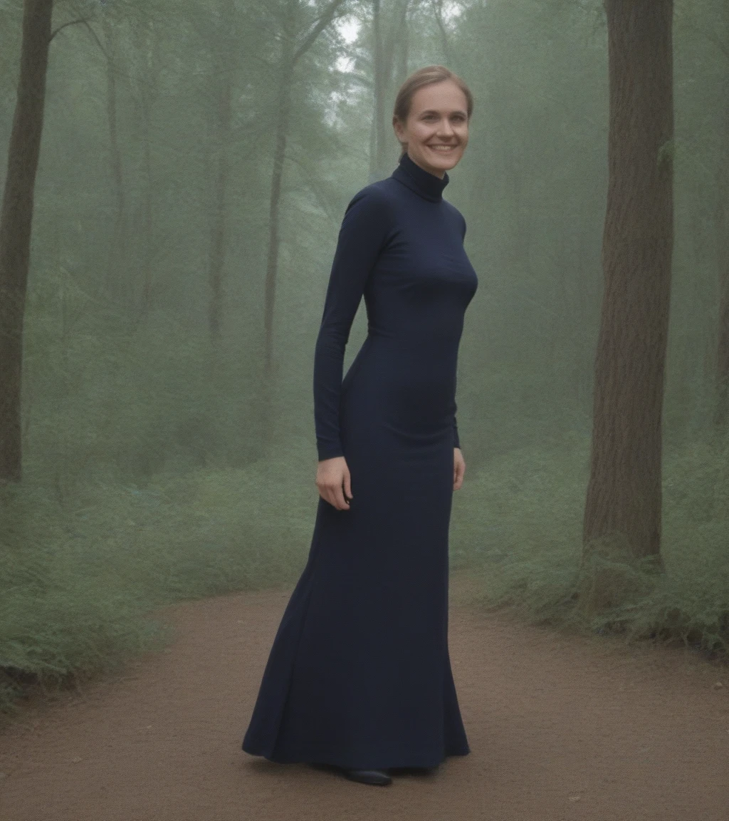 a professional absurdres sharp focus intricately detailed photograph of   Rachel_Blanchard with a frightening smile 
wearing a turtleneck fantastical 16th-century dress, 
peering from behind a tree in a coniferous old-growth forest,
sfw,
 <lora:Rachel_Blanchard-PDXL:1>