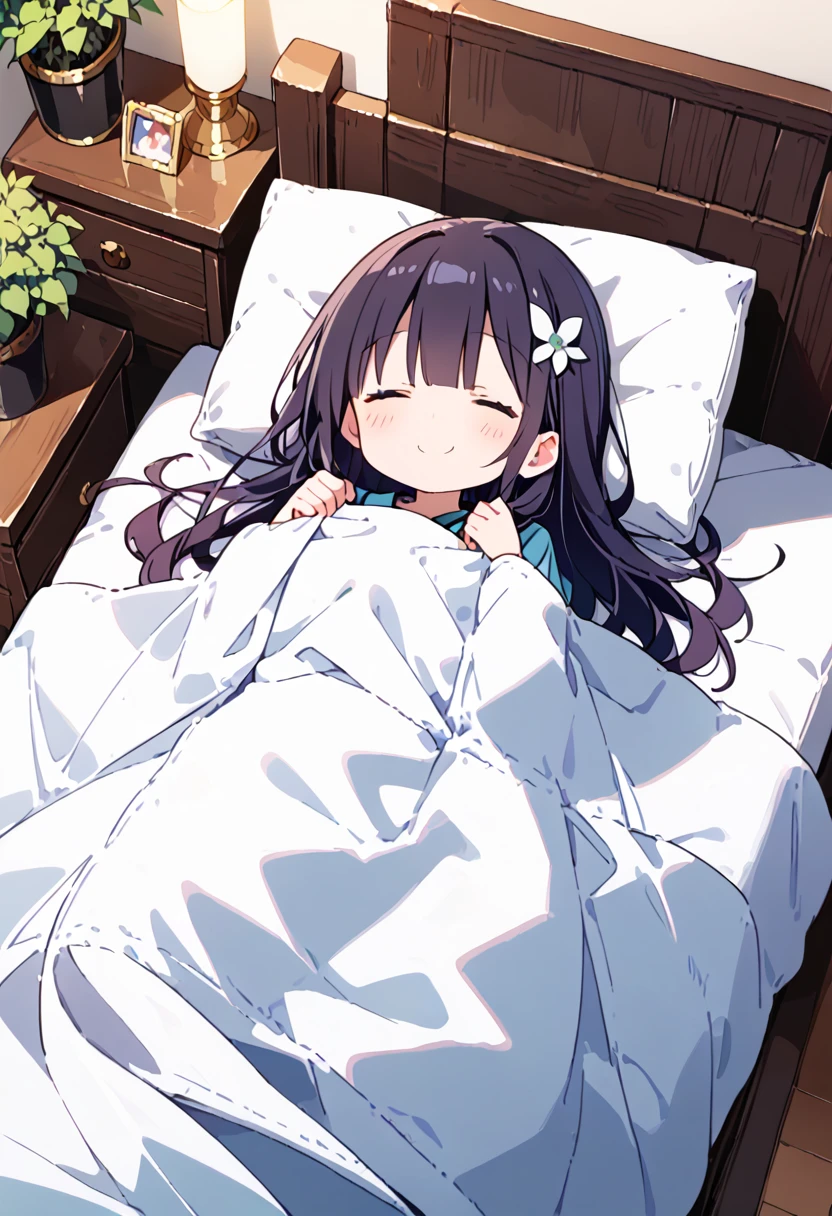 score_9, score_8_up, score_7_up, rating_safe, masterpiece, best quality, absurdres, unity 8k wallpaper, official art, official style, source_anime, uncensored, game cg, megami magazine, ultra delicate hair,
1girl, chibi, solo, black hair, long hair, happy, smile, :3,
futon, pillow, closed eyes, bed, sleeping, lying, under covers, blanket,
<lora:kakefuton_pony_V1:1>