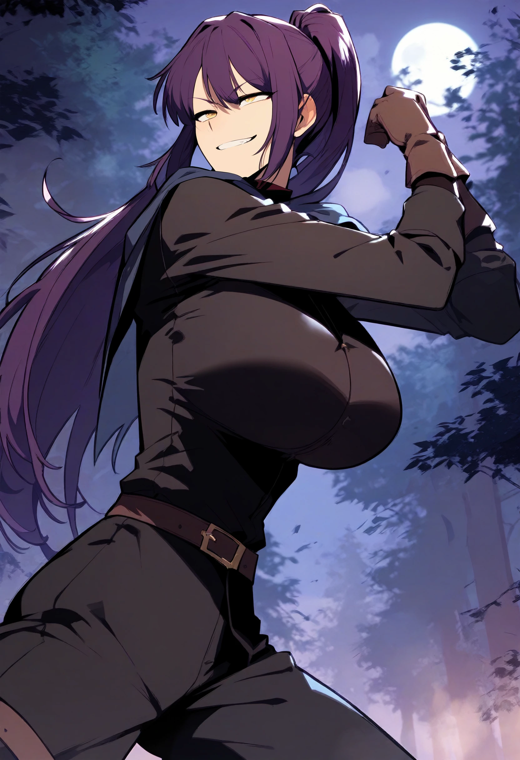 ((2 different characters, a man with brown hair, brown pants, no blouse, a bracelet on his arms, a backpack on his shoulders, with a boot, a belt with a sword)),((muscle)),((eyes yellow, happy face)) and a woman, cyborg, a bionic arm,((gigantic breasts, naked breasts, naked pussy, erect breasts, grabbing breasts)),((green hair)),((1 red eye and 1 eye purple, Desperate face)),walking In a haunted forest, at night))],