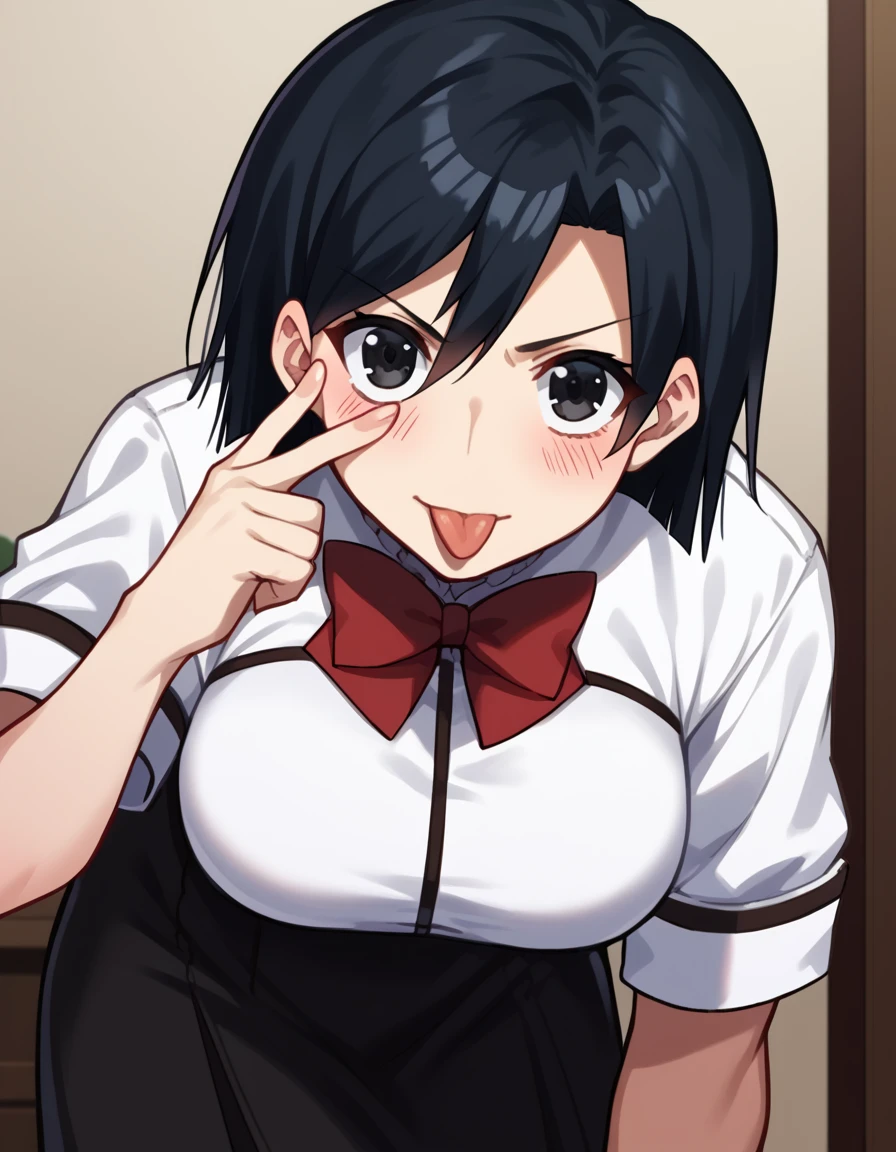 score_9, score_8_up, score_7_up, source_anime, <lora:kanako-miyamae-s2-ponyxl-lora-nochekaiser:1>, kanako miyamae, short hair, black hair, black eyes, large breasts,, school uniform, shirt, white shirt, skirt, long skirt, black skirt, red bowtie,, living room, video game, controller, competitive, fun, afternoon, , <lora:akanbe-ponyxl-lora-nochekaiser:1>, akanbe, eyelid pull, finger to eye, tongue out, :p, tongue, ;p, blush, leaning forward, bent over, from side,, looking at viewer, solo,, dutch angle, cowboy shot