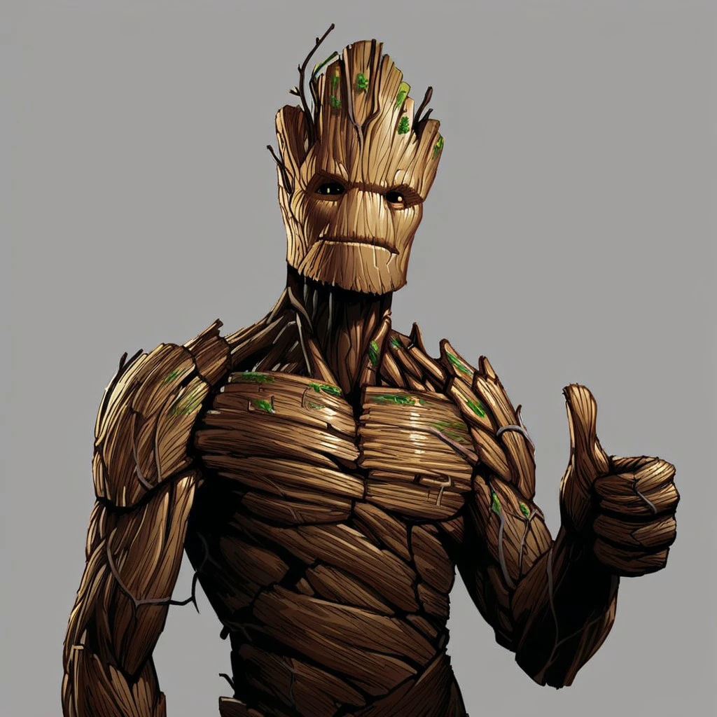 Score_7_up, score_8_up, ((2d, cartoon, source_cartoon)), upper body, 
BREAK,
 Groot1, tall, made of wood, upper body, looking at viewer,  (thumbs up:1.25),, simple background,