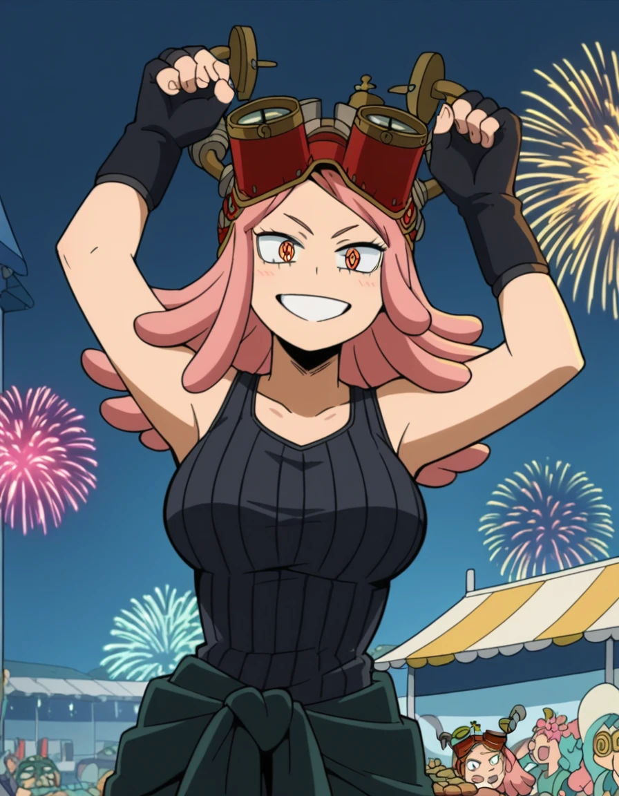 score_9, score_8_up, score_7_up, source_anime, <lora:mei-hatsume-s3-ponyxl-lora-nochekaiser:1>, mei hatsume, yellow eyes, pink hair, medium hair, symbol-shaped pupils, large breasts,, gloves, sleeveless, black gloves, tank top, goggles, goggles on head, partially fingerless gloves, clothes around waist, ribbed shirt,, festival, fireworks, summer night, food stall, traditional, arms up,, smile, hands on stomach, blush,, looking at viewer, solo,, dutch angle, cowboy shot