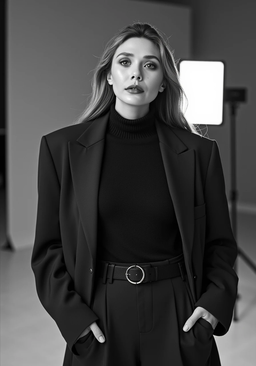 a high quality professional photo of "Elizabeth Olsen" during a fashion photo shoot, 
striking a pose in a stylish outfit that exudes confidence and elegance, natural hair and makeup, realistic lighting that accentuates her features, showcasing the latest fashion trends. 
The setting is a modern studio with minimalistic decor, focusing on the subject. Emphasize the concept of "Reality" by capturing genuine emotions and authentic moments during the photo session.
 The style is candid and raw, highlighting the behind-the-scenes of a fashion shoot, giving viewers a peek into the true essence of the fashion industry. 
Trending on social media platforms for its raw and unfiltered portrayal of the fashion world. Cannes Film Festival, high fashion, editorial, black and white photography, cinematic, storytelling, high detail, 8k.