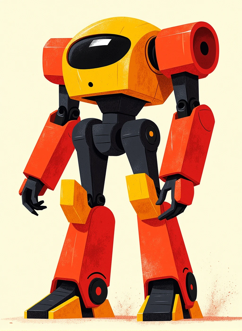 r0ygb1v digital illustration, robot character design cartoonish style, dynamic action pose, texture, modern art style, contrast, geometric shapes simplicity, color palette: red, orange, yellow and black