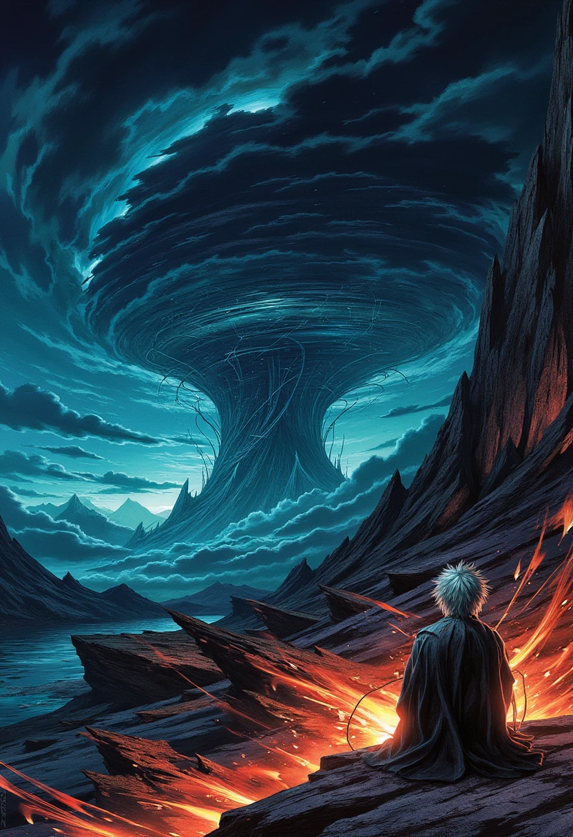 Drawing of Gintoki Sakata who Make a gill net in A towering volcano looming over a dark and foreboding landscape, dilapidated, fine art, Jack Pumpkin Token anime. trending on pixiv fanbox, painted by greg rutkowski makoto shinkai takashi takeuchi studio ghibli