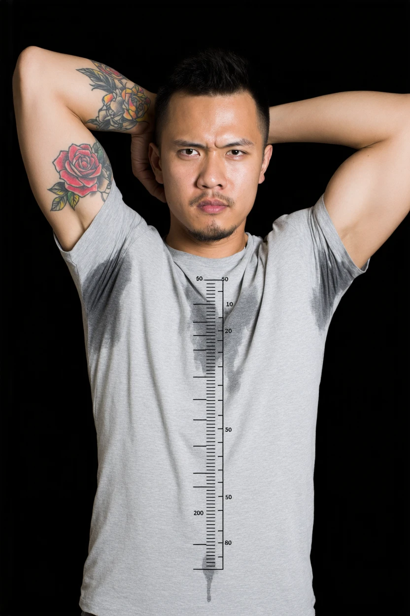 large sweat-spots-smudges on shirt armpit area. photo, A man with a tattoo on his left arm is wearing a gray t-shirt that is soaked with sweat. The t-shirt is dripping with sweat and there are measurement markings right in the center on the shirt that show the amount of sweat dripping from it. The man's face is serious and he is looking directly at the camera. The background is black and the man is standing in the center of the frame., sweat-spots-smudges on chest, cropped face, sweat-spots-smudges on armpit, caucasian, tattoo on his arm, 1boy, solo, male focus, shirt, head out of frame, simple background, tattoo, upper body, black background, short sleeves, grey shirt, white shirt, facial hair, facing viewer, t-shirt, closed mouth<lora:test\Sweaty_Shirt_sd35_lora_v1_000007800.safetensors:0.46:0.46>