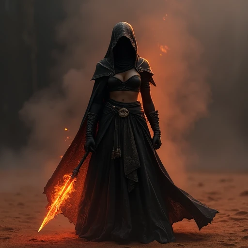 detailed CGI style. The character is depicted in a medieval-inspired outfit, creating a menacing silhouette against the dark, standing in a misty, with a slightly elongated face and dark, color adorned with intricate, sandy terrain. She is dressed in a black, which matches the color of the flames she is conjuring., ornate patterns. The skirt is cinched at the waist with a belt