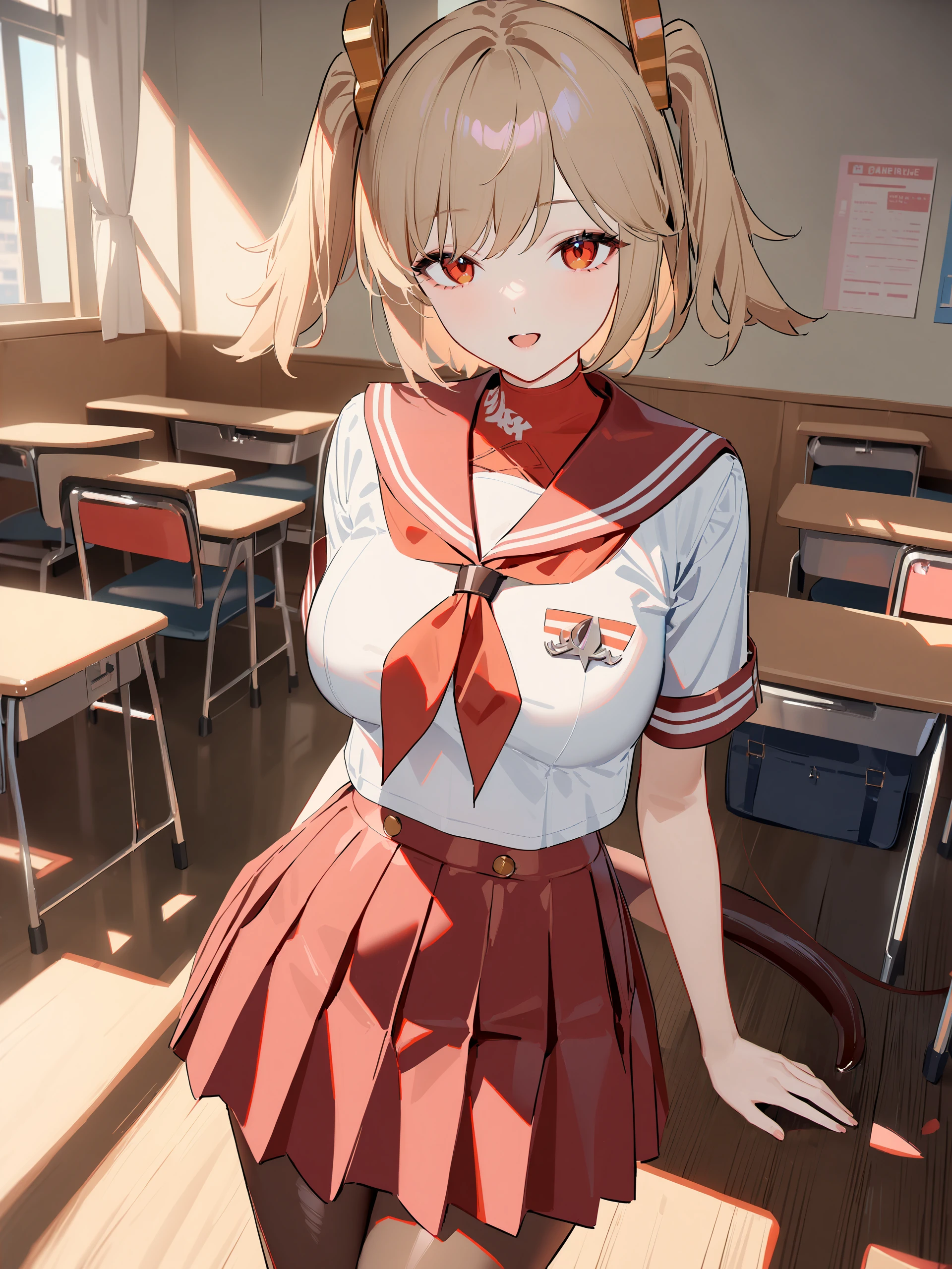 1girl, burnice white, twintails, solo, serafuku, sailor collar, pleated skirt,  pantyhose, no shoes, looking at viewer, light smile, cowboy shot, smile, open mouth, classroom, indoors, depth of field, tail   <lora:Char-ZZZ-Burnice-V1-SDXL:0.9>, masterpiece, best quality, very aesthetic, ray tracing, newest,(hitenkei, askzy:0.5), [<lora:detailed_notrigger:0.95>::0.5]