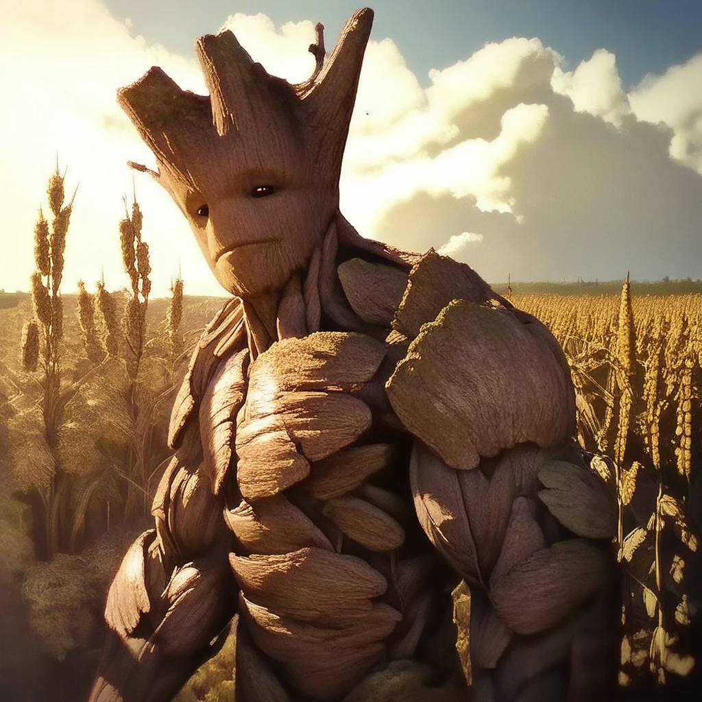 Score_7_up, score_8_up, from side, Groot3, made of wood, muscular, horns, looking at viewer, looking at viewer, half open eyes, walking, outdoors, wheat fields, nature, sunlight, clouds,