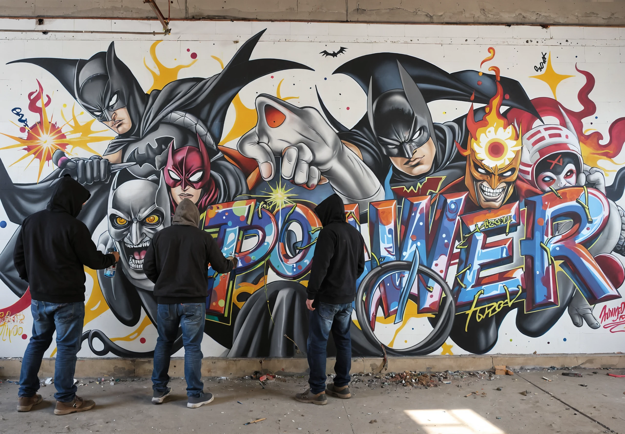 a disused factory with men in hoods spray-painting a multicolored graphiti hip hop intricate fresco with various details made with spray paint on one wall depicting DC universe characters in action , with the big hip hop stylized words written âPOWERâ, <lora:graphiti4flux:1> graphiti