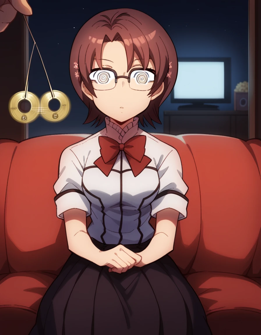 score_9, score_8_up, score_7_up, source_anime, <lora:nanami-kiri-s2-ponyxl-lora-nochekaiser:1>, nanami kiri, short hair, brown hair, brown eyes, glasses, medium breasts,, skirt, bow, school uniform, long skirt, short sleeves, bowtie, red bowtie,, living room, television, couch, popcorn, watching movie, night time, sitting,, , <lora:pendulum-ponyxl-lora-nochekaiser:1>, pendulum, holed coin, coin on string, hypnosis, mind control, coin, @ @,, looking at viewer, solo,, dutch angle, cowboy shot