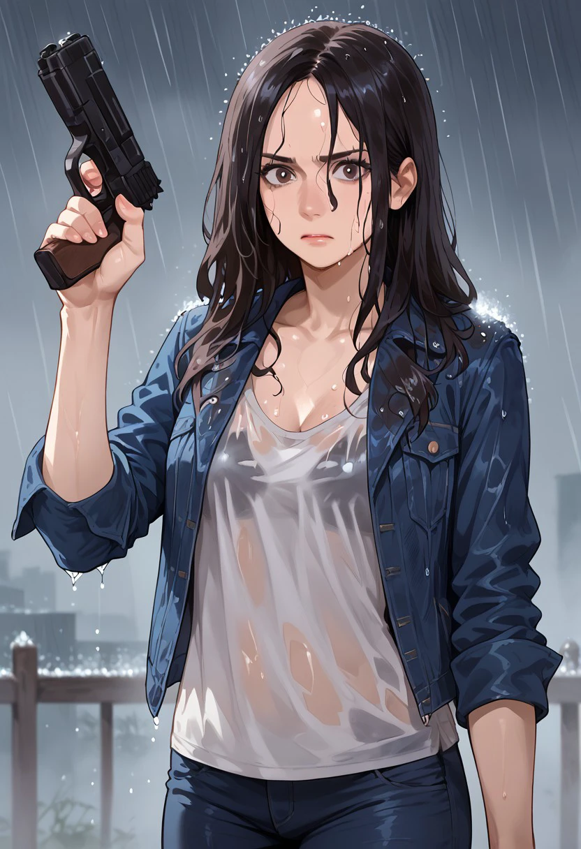 Score_9_up, score_8_up, score_7_up, source_realistic, cowboy shot, BREAK worried, 1girl, solo, miawinters, black hair, tank top, bra visible through shirt, denim jacket, denim pants, raining, wet, wet hair, holding pistol, gun,