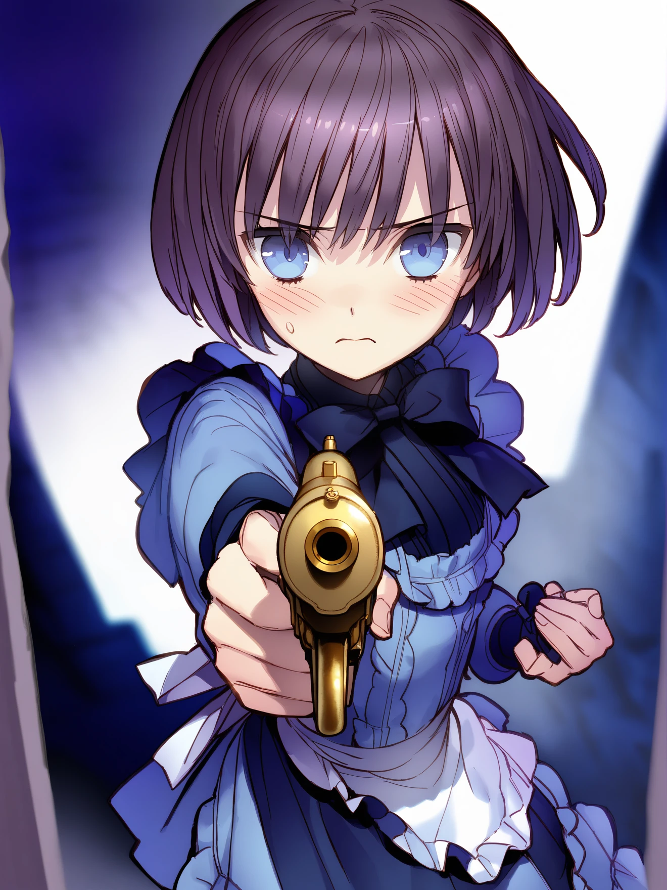 masterpiece, best quality, high quality, aesthetic, absurdres, insanely detailed,
blue eyes, 1girl, gun, weapon, short hair, dress, silhouette, bow, apron, blush, handgun, aiming at viewer, purple hair, holding, solo, brown hair, holding gun, ribbon, 
<lora:akira-style-xl_v1.0:1>