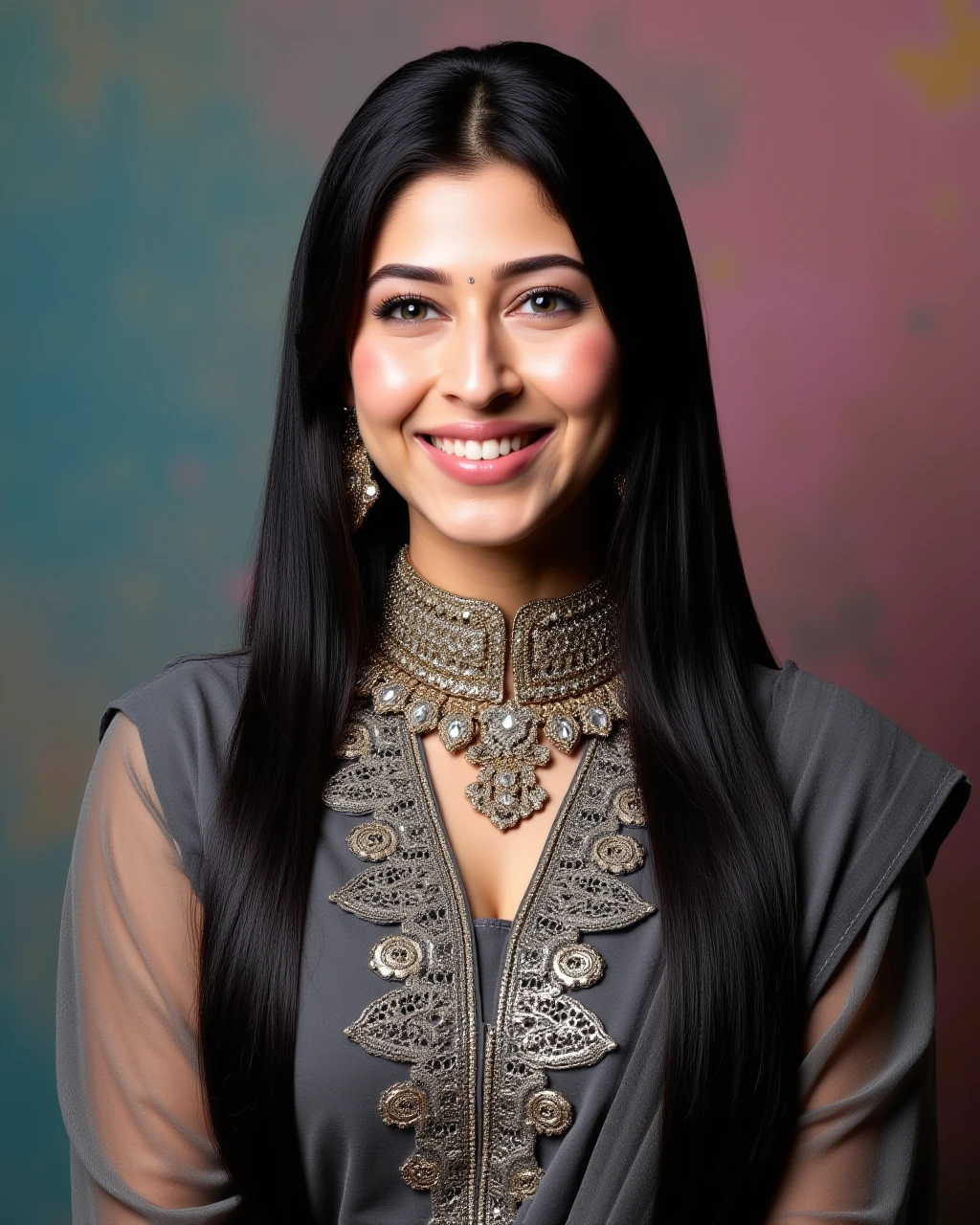 headshot photo of sonarika bhadoria woman,paparazzi photo, laughing face,studio quality, wearing intricate high neck elegant Charcoal  Patiala Suit, straight hair, darker pastel shaded multicolored background<lora:TestBed\Sonarika_Bhadoria_Flux_Kohya_V1-000002.safetensors:1.0:1.0>