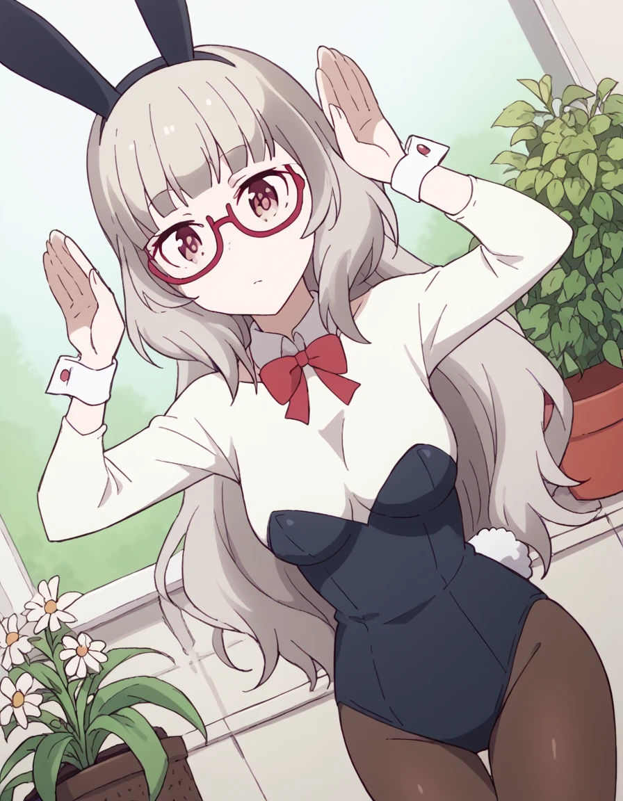 score_9, score_8_up, score_7_up, source_anime, <lora:shizuku-hazuki-s2-ponyxl-lora-nochekaiser:1>, shizuku hazuki, long hair, bangs, brown eyes, grey hair, glasses, semi-rimless eyewear, red-framed eyewear, under-rim eyewear, medium breasts,, skirt, shirt, long sleeves, white shirt, black skirt, fringe trim,, gardening, watering plants, backyard, flowers blooming, sunny day,, , <lora:rabbit-pose-ponyxl-lora-nochekaiser:1>, rabbit pose, playboy bunny, rabbit ears, strapless leotard, fake animal ears, rabbit tail, leotard, detached collar, wrist cuffs, pantyhose,, looking at viewer, solo,, dutch angle, cowboy shot