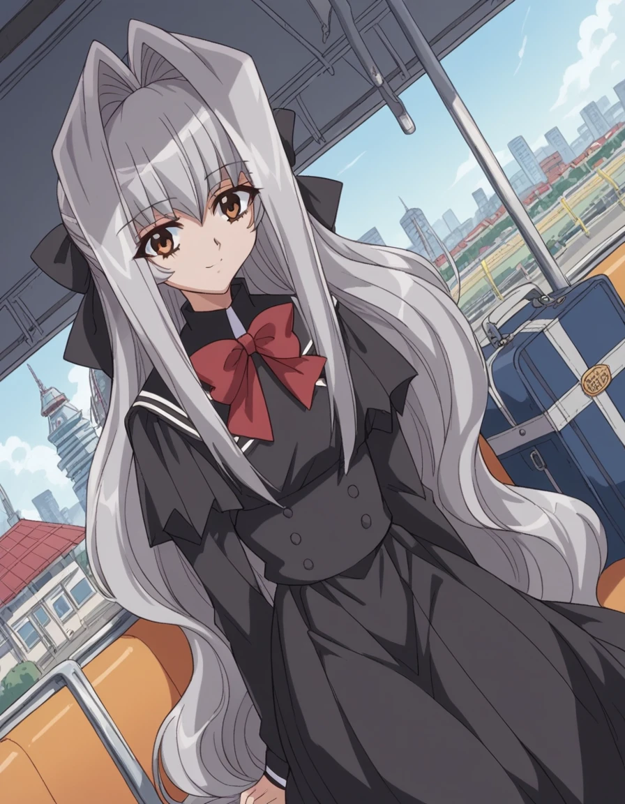 score_9, score_8_up, score_7_up, source_anime, <lora:anju-maaka-s1-ponyxl-lora-nochekaiser:1>, anju maaka, long hair, bow, ribbon, brown eyes, very long hair, hair bow, grey hair, sidelocks, hair intakes, black hair bow,, long sleeves, dress, bow, ribbon, school uniform, bowtie, black dress, red bow, red bowtie, train station, waiting for train, suitcase, traveling, commute, city skyline, hands behind back,, smile, sitting, head rest, table,, looking at viewer, solo,, dutch angle, cowboy shot