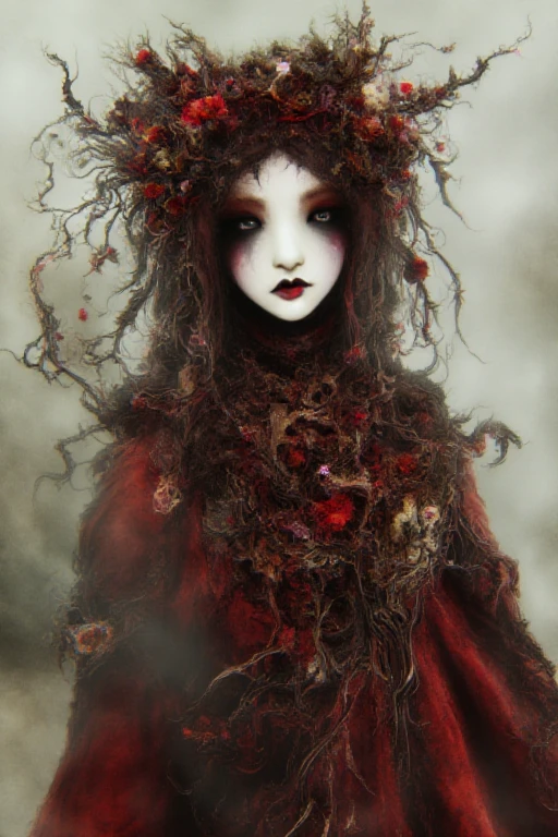 a woman with pale shin and dark gothic makeup entwined in red plants and vines reaching up to the sky longingly as flowers grow and fall through the pale mist of lost memories