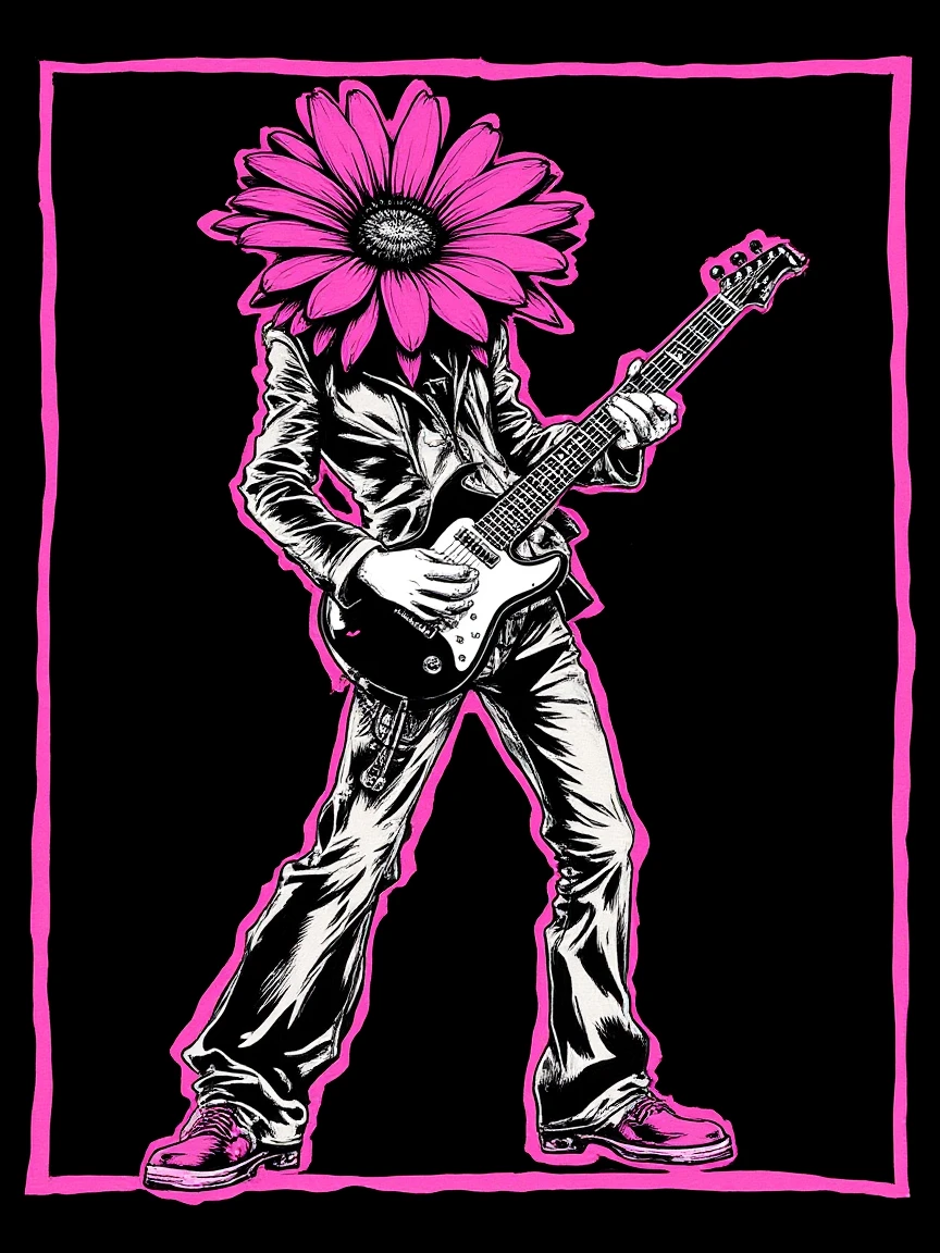 1nk3dfl0w3r An illustrated image of a flower dressed like a rockstar playing guitar. background is black, frame is magenta with thin white border, <lora:inkedgemono-simple_epoch-08:1.0>