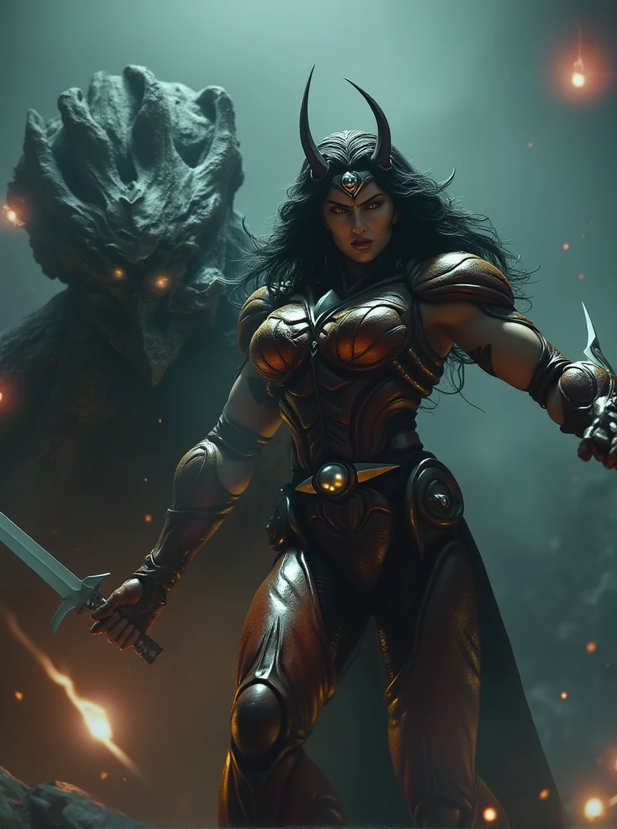 cinematic of the wonder woman of DC holding a sword and sheild,fighting against a demon,covered in the guyver of biological armor,dynamic_pose, 