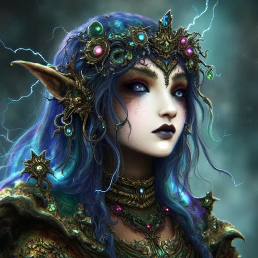 artwork of a beautiful elf with one blue eye and one green eye, and rainbow blue green and purple tangled hair with electricity gazing in to the camera