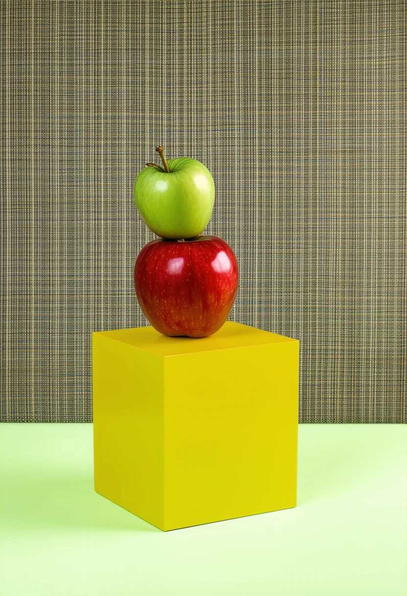 a green apple on top of a red apple on top of a yellow cube