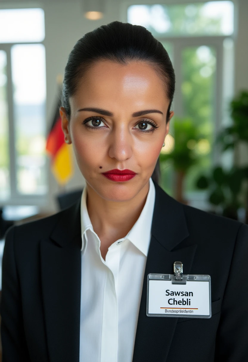 A portrait photo of sawsanchebli, a woman. She is looking straight at the viewer with a serious expression on her face. She is wearing red lipstick. Her eyebrows are drawn down. Her mouth is closed and her lips are pressed together. She is wearing a professional white shirt and a black business suit. A simple ID badge with black bold text name "Sawsan Chebli" and smaller title "Bundespräsidentin" is clipped to the suit jacket. The background is blurry and shows a modern office with house plants and standing flags of Germany. Sunlight is shining through large windows.