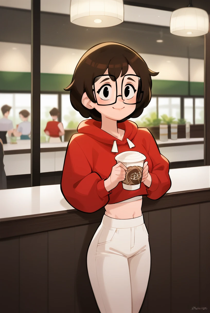 score_9, score_8_up, score_7, aesthetic, expressive, source_cartoon, BREAK, female focus, upperbody, 1girl, (kblember:1.4), black eyes, short brown hair, square glasses, croptop red hoodie, midriff, white pants, looking at viewer, indoors, cafe, smile, 
warm lighting,  blurred background, depth of field,