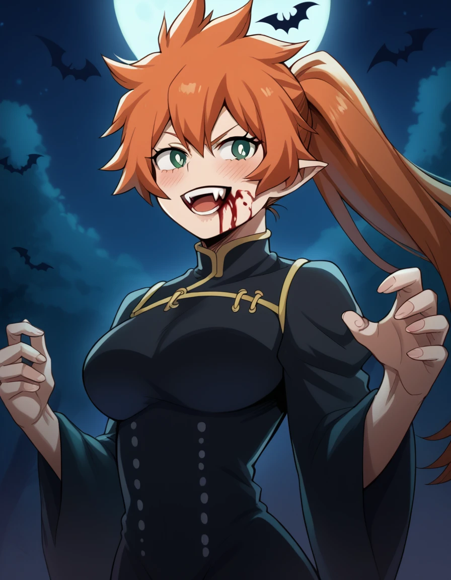 score_9, score_8_up, score_7_up, source_anime, <lora:itsuka-kendou-s5-ponyxl-lora-nochekaiser:1>, itsuka kendo, long hair, green eyes, ponytail, orange hair, large breasts,, <lora:vampire-ponyxl-lora-nochekaiser:1>, vampire, red eyes, pointy ears, fangs, black dress, wings, blood, blood on face, blood on mouth, bat (animal), halloween, halloween costume, upper teeth only, night, moon, blush, smile, open mouth, , dutch angle, cowboy shot