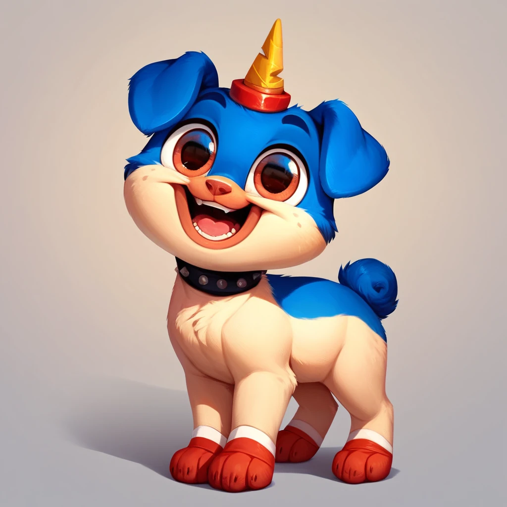 core_9, score_8_up, score_7_up, score_6_up, score_5_up, puppycorn, cute, solo, 1boy, looking at viewer, standing, red paws, quadruped, happy, open smile