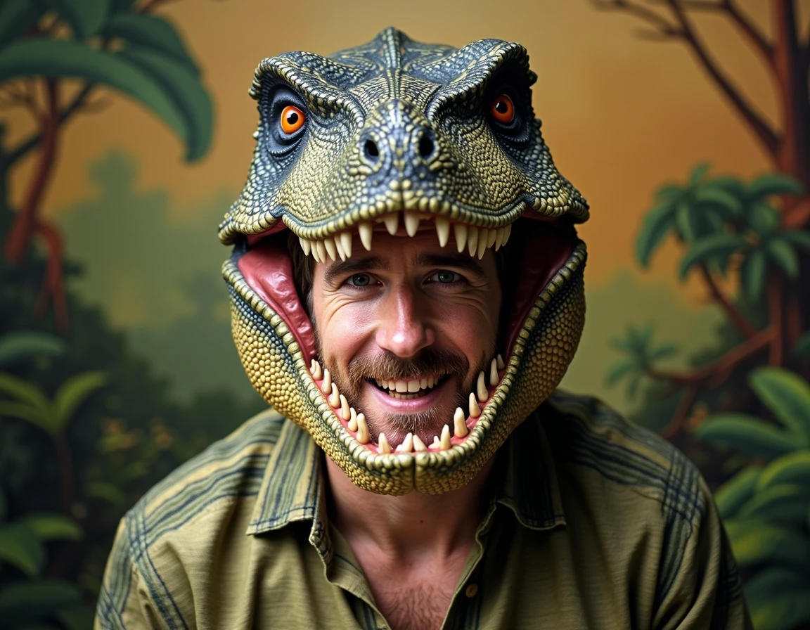 <lora:88nimalhd_rank8_bf16-step01000:1> Front view image of Ryan Reynolds wearing a dinosaur 88nimalhd headdress and color matching clothes with a matching prehistoric jungle-themed background, looking at the viewer with a smile.