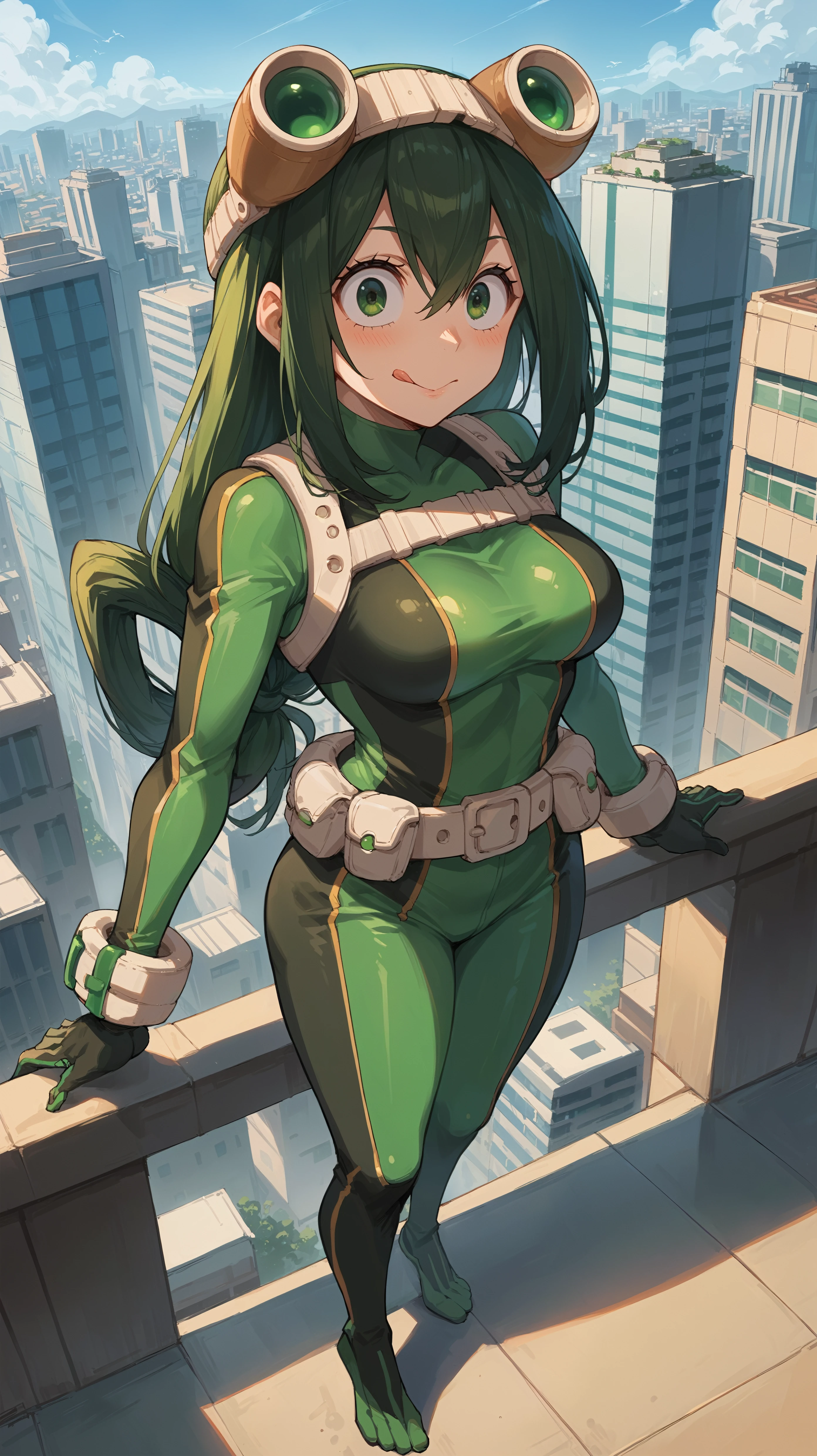 score_9,score_8_up,score_7_up,score_6_up, source_anime, zPDXL3, <lora:xl_more_art-full_v1:0.5>, girl, dynamic pose, on tiptoes, <lora:Tsuyu Asui (Froppy) - Pony-000004:0.8>,  long hair, green hair, low tied hair, hair rings, green eyes, green bodysuit, black bodysuit, multicolored bodysuit, skintight, goggles, goggles on head, gloves, belt, large eyes, tongue, modern city, skyscraper, rooftop, horizon, from above,