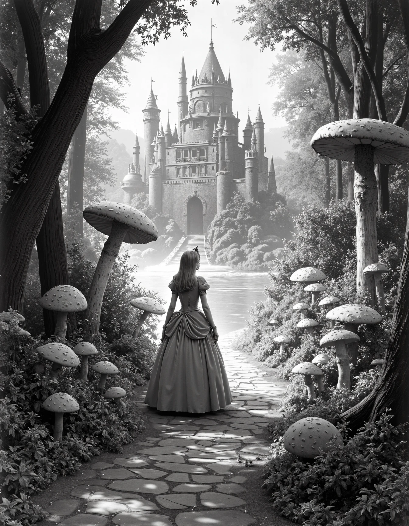 <lora:bwMoviesFlux:1> bwMovies.
princess peach walking in a forest of mushrooms with a large castle surrounded by a more of water in the background