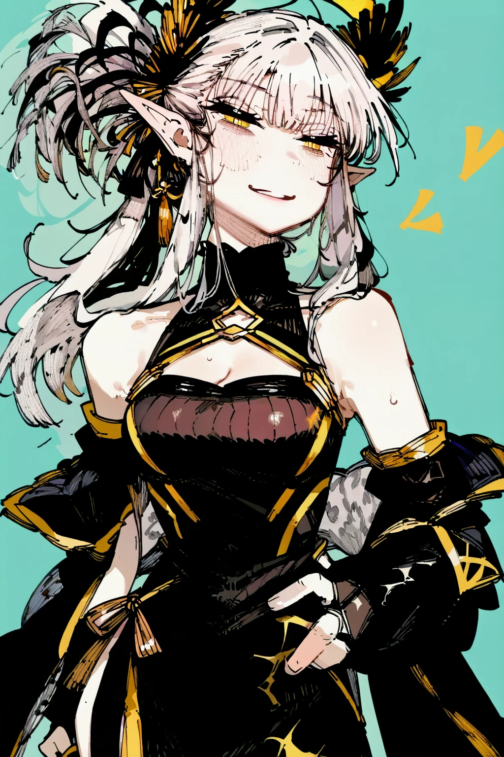 score_9, score_8_up, score_7_up, semiramis \(fate\), bare shoulders, black dress, bridal gauntlets, cleavage, detached sleeves, dress, fur trim, gold trim, long hair, pointy ears, sidelocks, yellow eyes, solo, solo focus, cowboy shot, aqua background, Standing with one hand on the waist, looking sideways, <lora:karasu_raven:1.8>, monochromeâââ