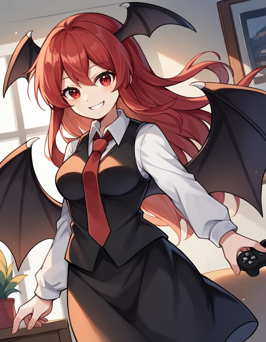 score_9, score_8_up, score_7_up, source_anime, <lora:koakuma-ponyxl-lora-nochekaiser:1>, koakuma, red eyes, red hair, long hair, sidelocks, medium breasts,, bat wings, black dress, black pantyhose, black skirt, black vest, dress, head wings, long sleeves, multiple wings, necktie, pantyhose, red necktie, shirt, skirt, vest, white shirt, wings,, living room, video game, controller, competitive, fun, afternoon, smile, smile, looking at viewer, solo,, dutch angle, cowboy shot