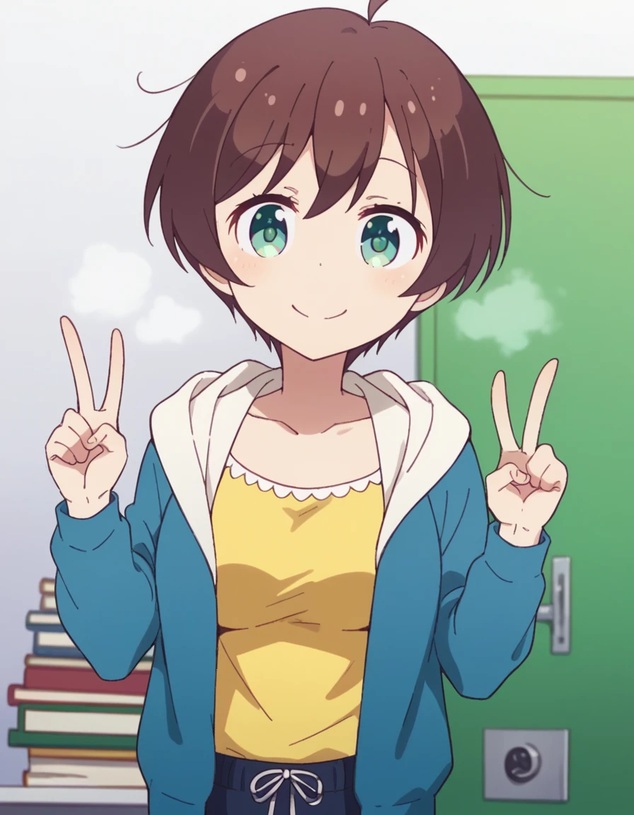 score_9, score_8_up, score_7_up, source_anime, <lora:hajime-shinoda-s2-ponyxl-lora-nochekaiser:1>, hajime shinoda, short hair, bangs, brown hair, green eyes, ahoge, medium breasts,, shirt, long sleeves, collarbone, jacket, open clothes, pants, hood, open jacket, hoodie, hood down, blue jacket, yellow shirt,, bookstore, browsing shelves, new book smell, finding a favorite, quiet atmosphere, smile, v, v over eyes,, looking at viewer, solo,, dutch angle, cowboy shot