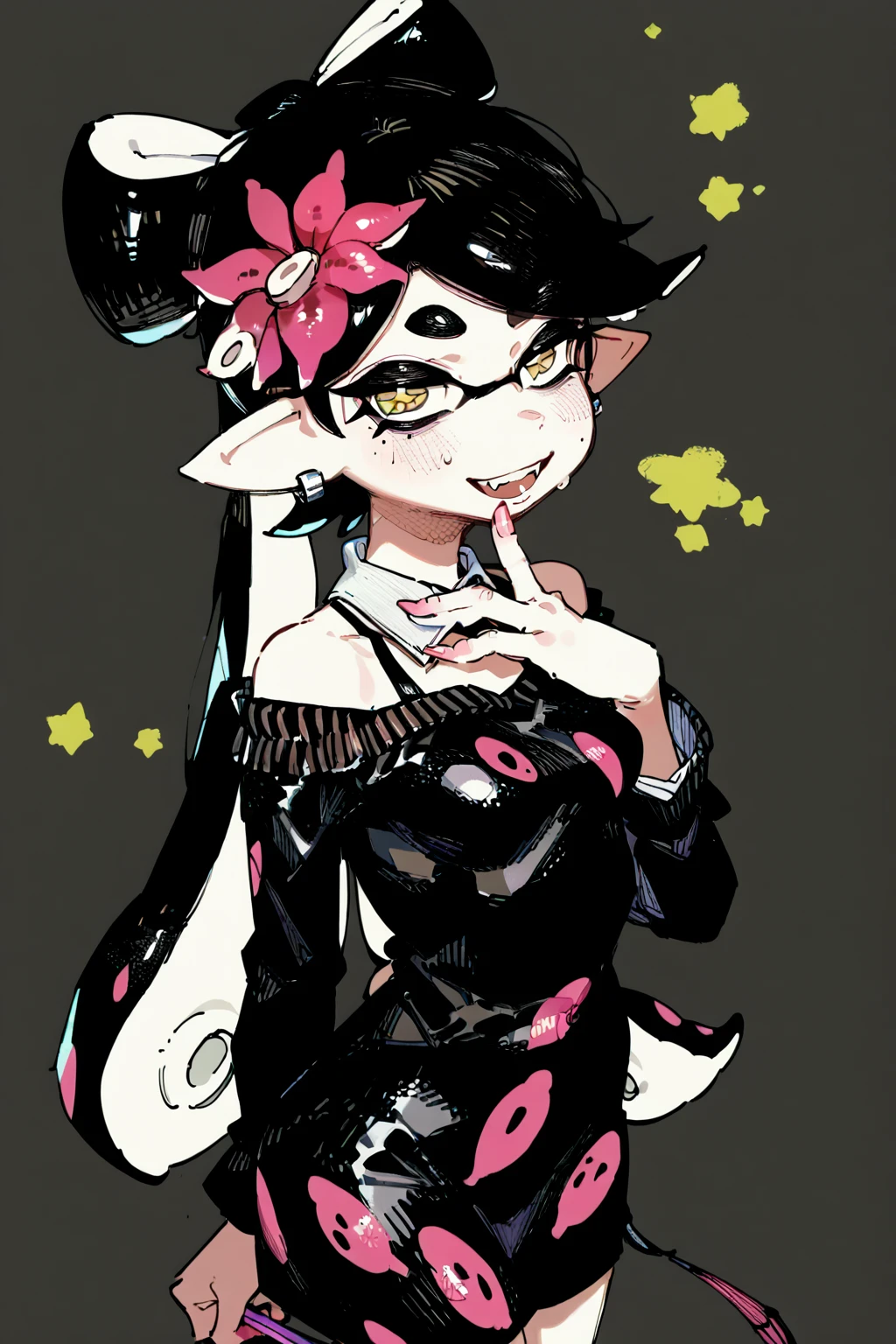 score_9, score_8_up, score_7_up, callie \(splatoon\), squid girl, symbol-shaped_pupils , multicolored_hair , black hair ,, solo, solo focus, cowboy shot, simple background, Standing with one hand on the chest, looking proud, <lora:karasu_raven:1.5>,âââ